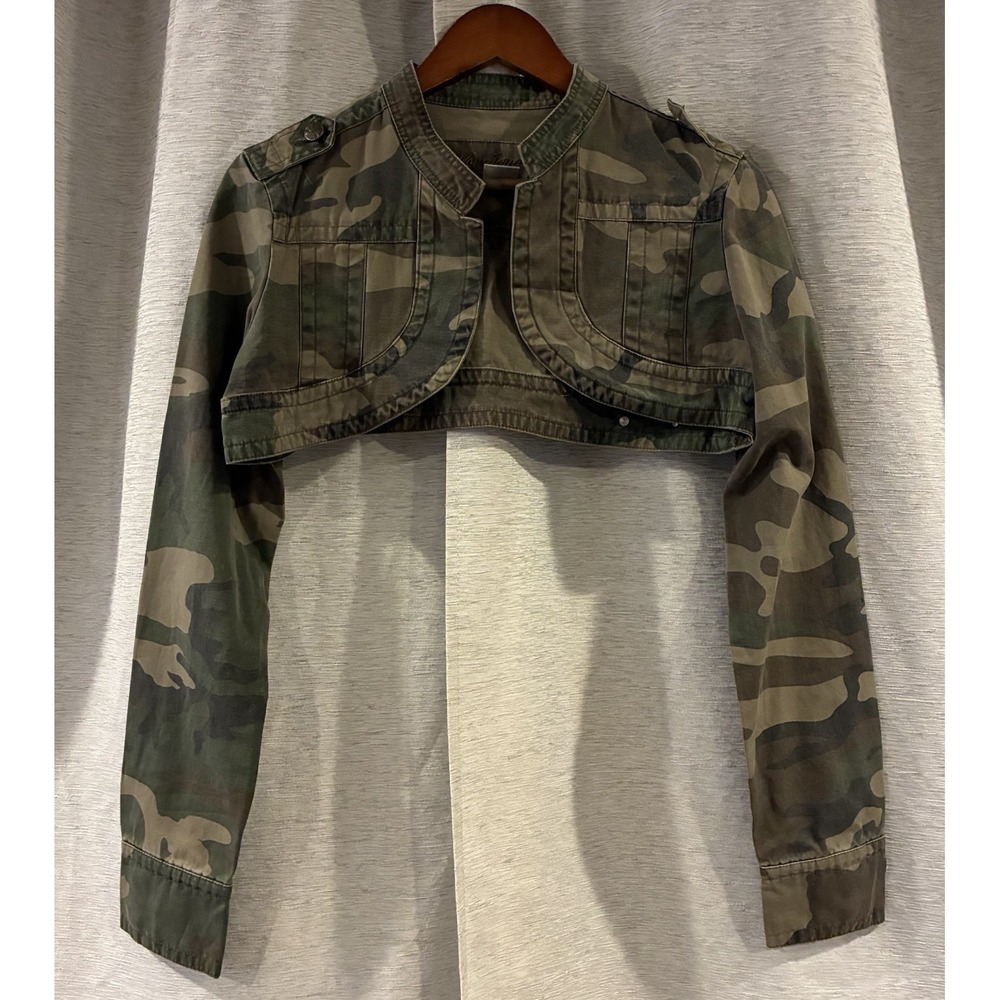 Younique Womens L Camo Cropped Jacket Y2K Military Utility Grunge Cheer Bring It